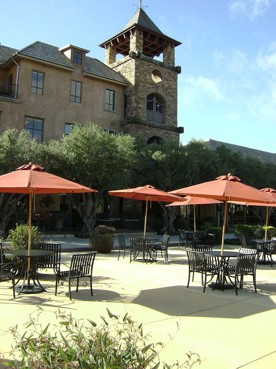 Stone tower and outdoor plaza at El Dorado Hills Town Center, California